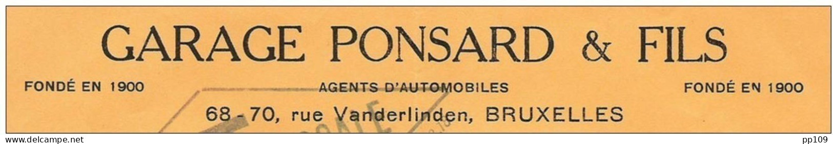 Ancienne Facture Oude Factuur  SCHAERBEEK  Rue  Vanderlinden 68-70 Automobile Garage PONSARD &amp; Fils - Automovilismo