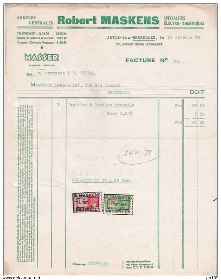 Ancienne Facture Oude Factuur  JETTE LEZ BRUXELLES Avenue Firmin Leharlier, 172 Robert MASKENS - Électricité & Gaz