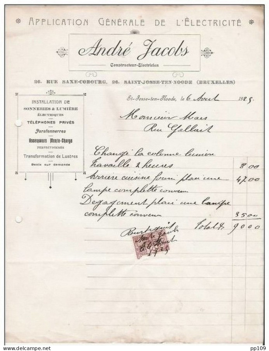Ancienne Facture Oude Factuur   SAINT JOSSE TEN NOODE Rue Saxe Cobourg,  26  ANDRE JACOBS électricité  1929 - Électricité & Gaz