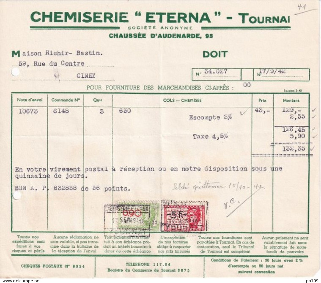 Ancienne Facture TOURNAI 95, Chaussée D'Audernarde  Chemiserie ETERNA En 1942 - Textile & Vestimentaire