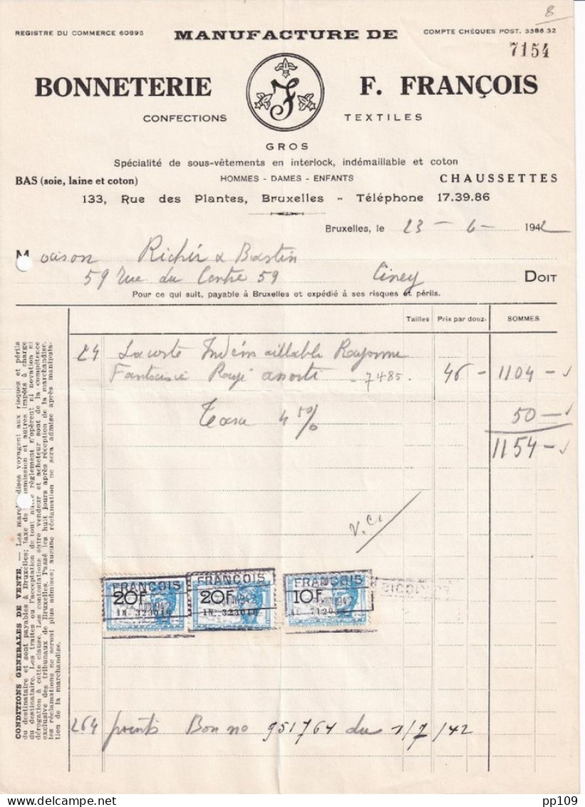 Ancienne Facture SCHAERBEEK 133, Rue Des Plantes F.FRANCOIS Bonneterie Confection Textile 1942 - Kleidung & Textil