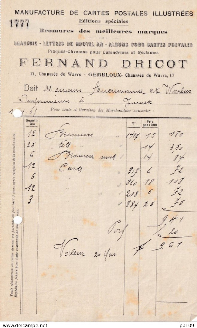 Ancienne Facture Manufacture De CARTE POSTALE ILLUSTREE Fernand DRICOT Chaussée De Wavre 17 à GEMBLOUX - Druck & Papierwaren