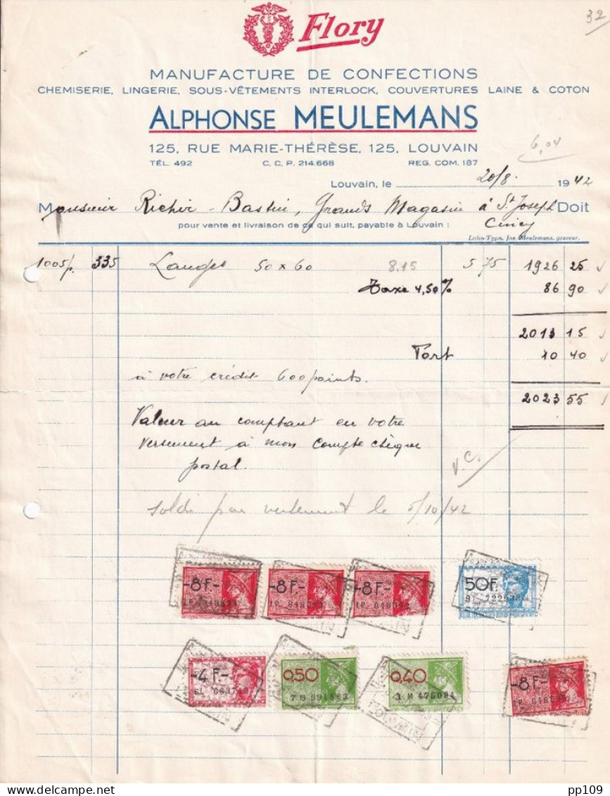 Ancienne Facture LEUVEN LOUVAIN 125, Rue Marie-Térèse A. MEULEMANS Manufacture De Confection Chemise, Lingerie, ... 1942 - Kleidung & Textil
