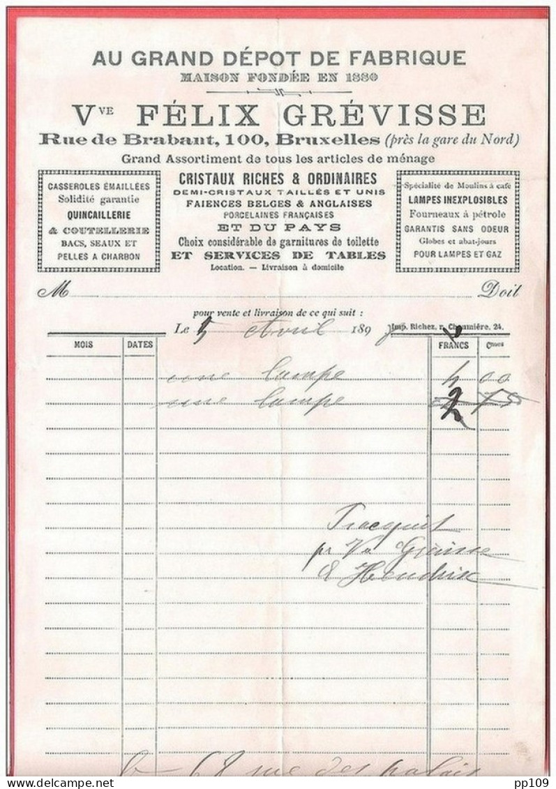 Ancienne Facture FELIX GREVISSE Rue De Brabant 100 à SCHAERBEEK Article De Ménage 5 IV 1898 - 1800 – 1899