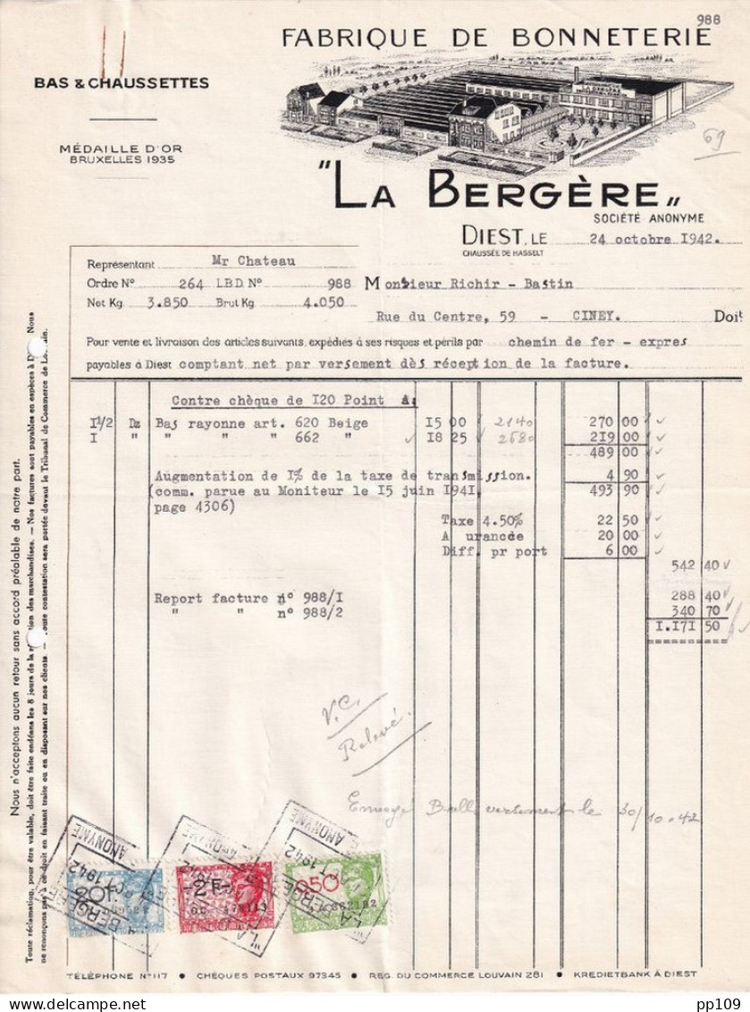 Ancienne Facture DIEST Fabrique Bonneterie La Bergère Chaussée De Hasselt   1942 + Timbres Fiscaux - Vestiario & Tessile