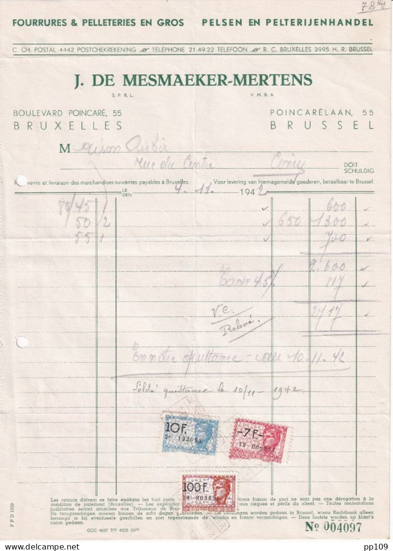 Ancienne Facture BRUXELLES 55, Bvd Poincaré DE MESMAEKER MERTENS Fourrure, Pelleterie 1942 - Textile & Vestimentaire