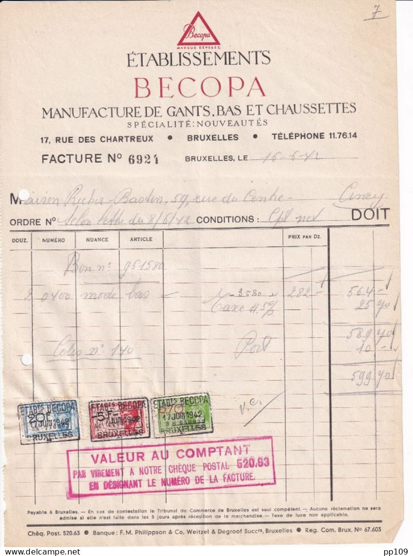 Ancienne Facture BRUXELLES 17, Rue Des Chartreux Etablissements BECOPA Manufacture Gant Bas Chaussette 1942 - Textile & Clothing