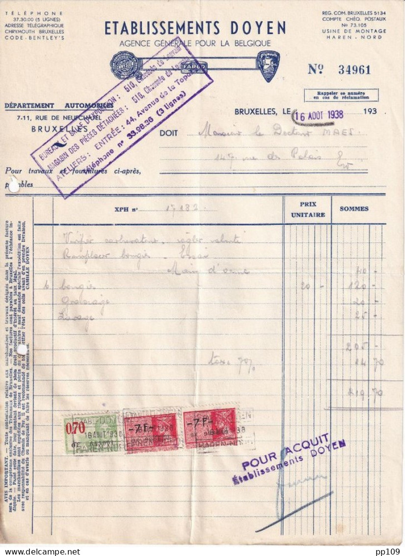 Ancienne Facture AUTOMOBILE Garage  DOYEN Rue De Neufchâtel 7-11 ST GILLES En 1938 - Automovilismo