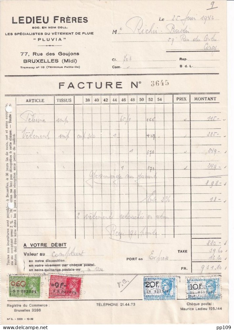 Ancienne Facture ANDERLECHT  77, Rue Des Goujons LEDIEU Frères  Vêtement De Pluie PLUVIA - Textile & Vestimentaire