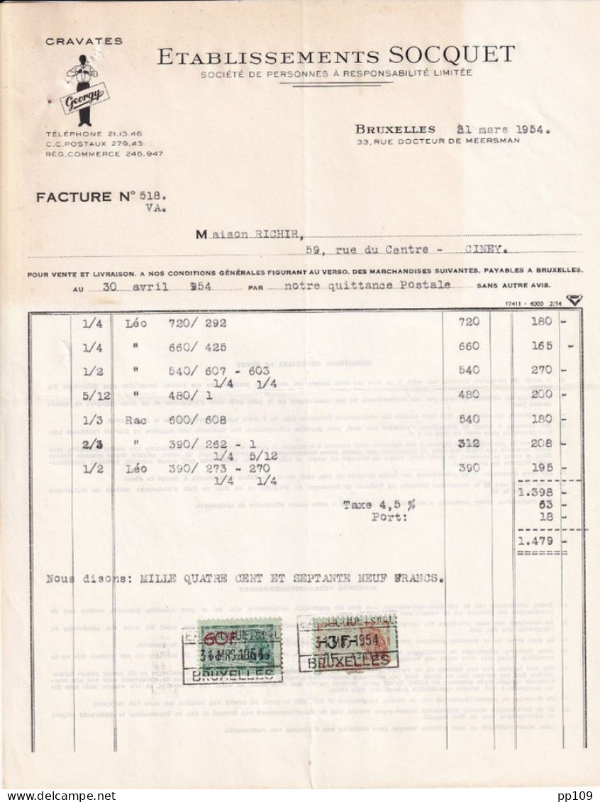 Ancienne Facture ANDERLECHT 33, Rue Docteur De Meersman Etablissements SOCQUET Cravate 1954 - Kleidung & Textil