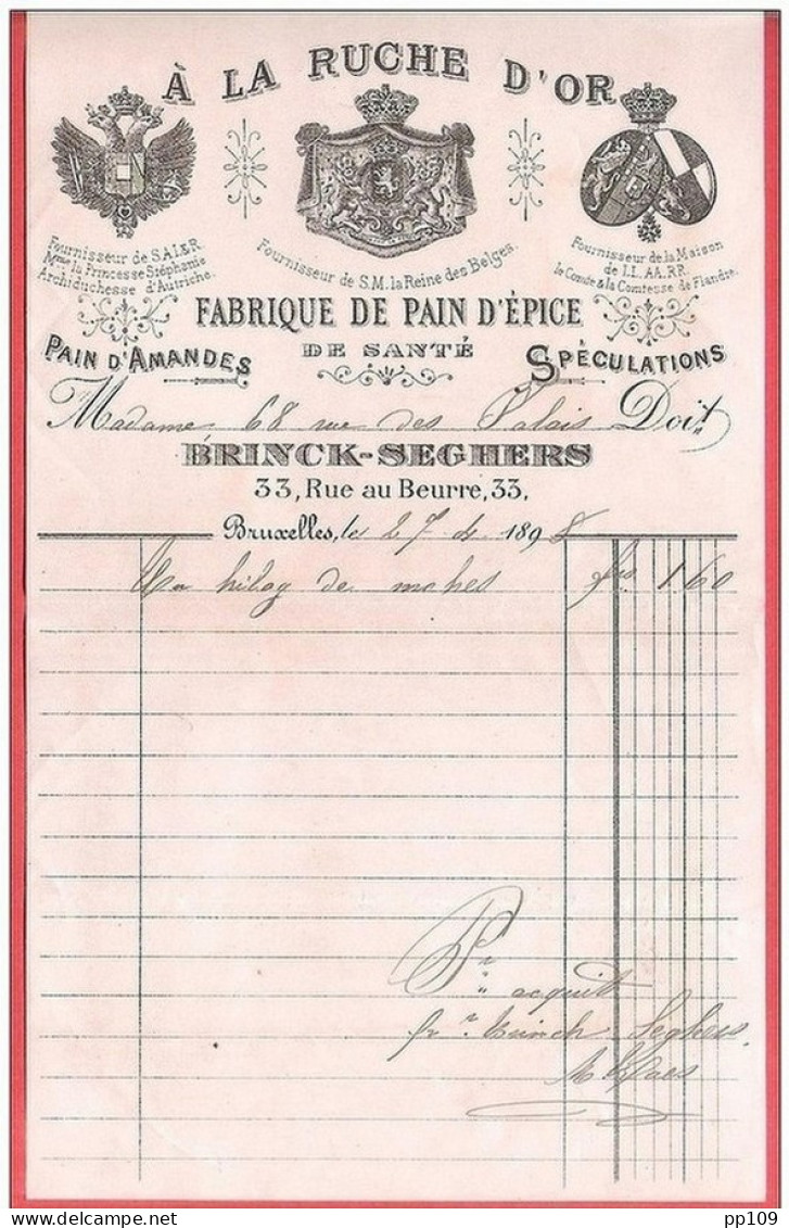 Ancienne Facture A La Ruche D'Or Fabrique De Pain D'épice De Santé ! 33 Rue Au Beurre BRINCK SEGHERS  27 IV 1898 - 1800 – 1899