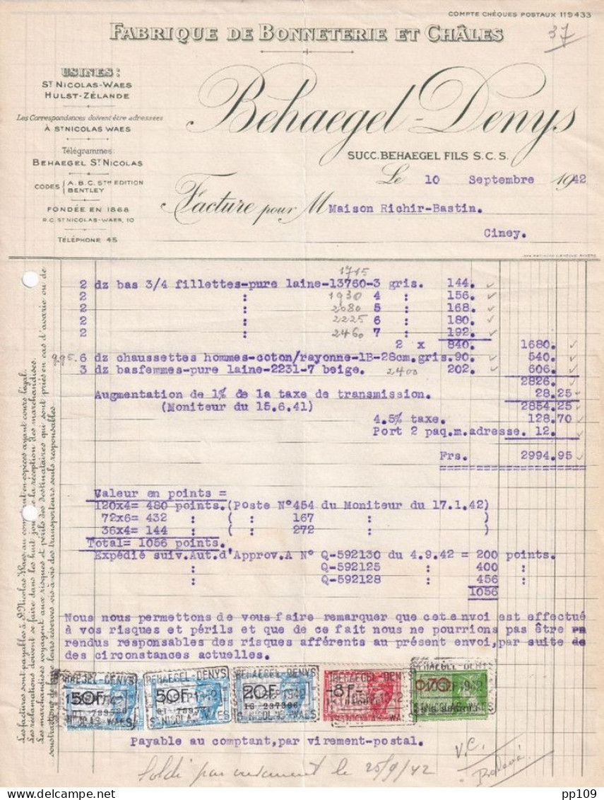 Ancienne Facture  ST NICOLAS WAES Behaegel Denys Fabrique De Bonneterie Et Châles 1942 - Kleidung & Textil