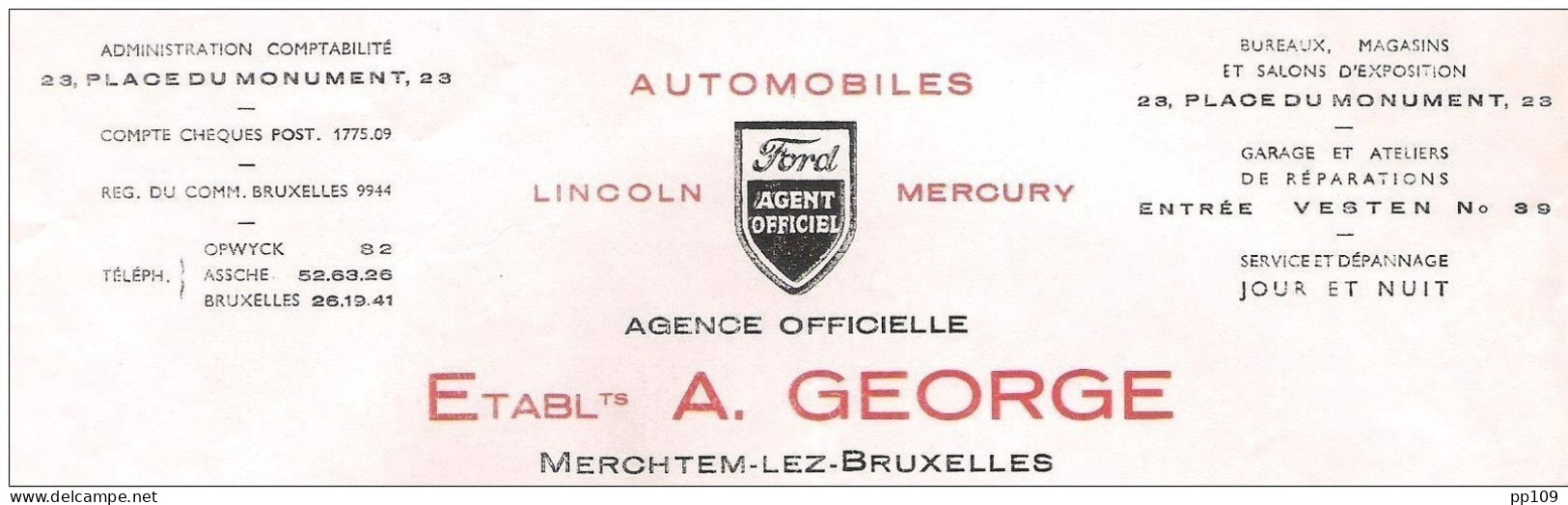 Ancienne Facture  MERCHTEM LEZ BRUXELLES   A.George  LINCOLN FORD MERCURY  1948 - Auto's