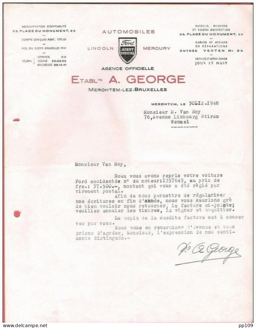Ancienne Facture  MERCHTEM LEZ BRUXELLES   A.George  LINCOLN FORD MERCURY  1948 - Automovilismo