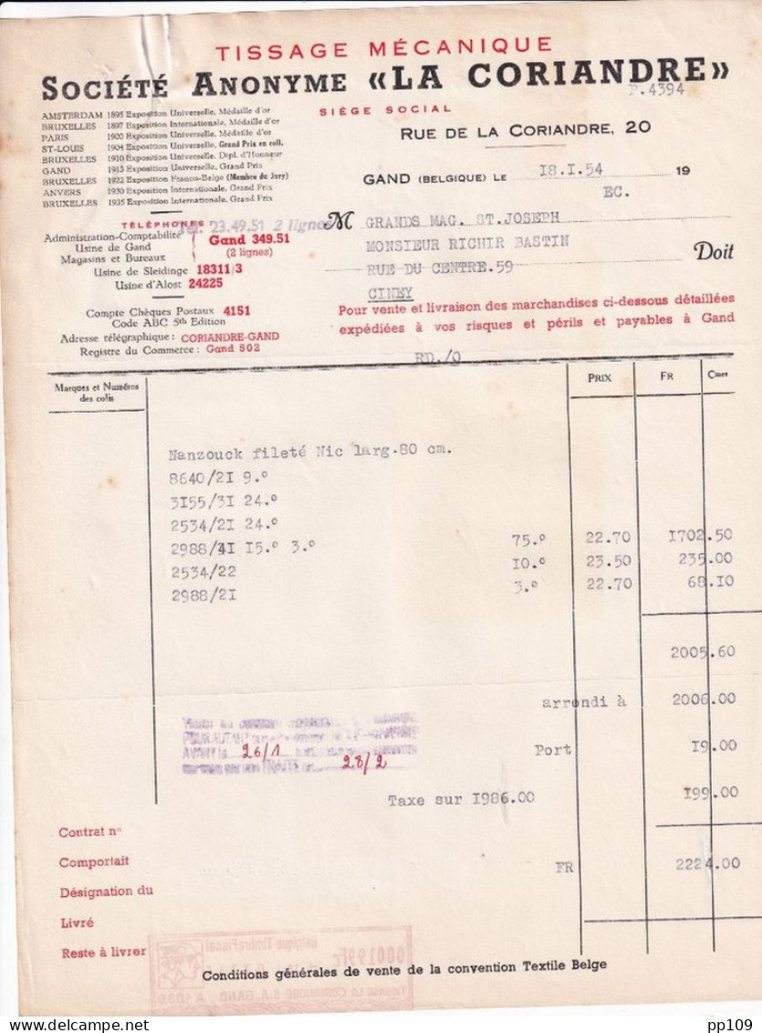 Ancienne Facture  GAND GENT 20, Rue De La Coriandre  Tissage Mécanique LA CORIANDRE  1954 - Vestiario & Tessile
