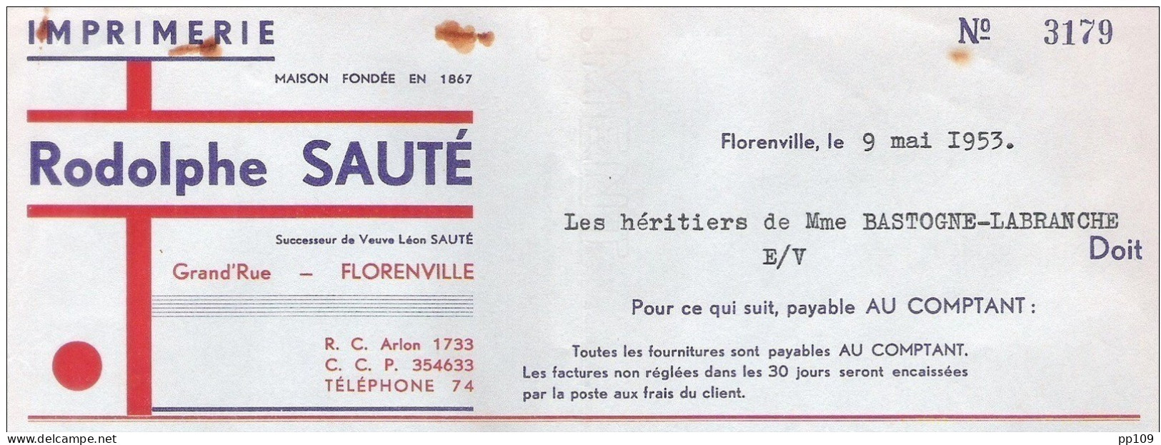 Ancienne Facture  FLORENVILLE Imprimerie Rodolphe SAUTE Grand'rue 1953 - Printing & Stationeries