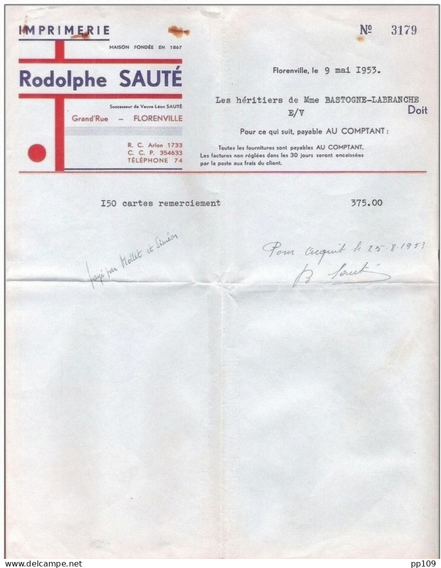 Ancienne Facture  FLORENVILLE Imprimerie Rodolphe SAUTE Grand'rue 1953 - Imprenta & Papelería