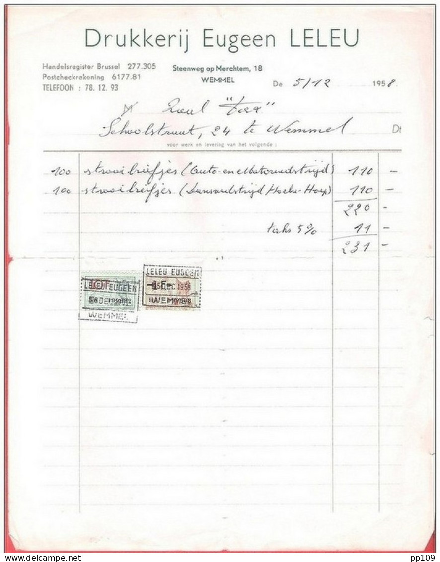 Ancienne Facture  DRUKKERIJ IMPRIMERIE   Wemmel Steenweg Op Merchtem, 18 Eugeen LELEU  1958 - Imprenta & Papelería