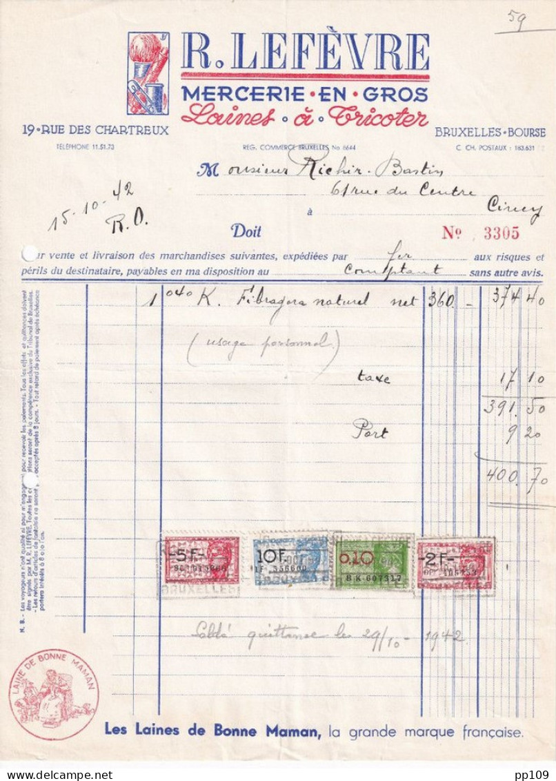 Ancienne Facture  BRUXELLES 19, Rue Des Chartreux R.LEFEVRE Mercerie Laine à Tricoter 1942 - Vestiario & Tessile