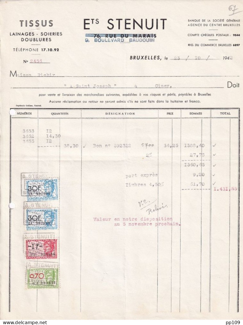 Ancienne Facture  BRUXELLES 9, Bvd Baudouin  Ets STENUIT Tissu Lainage Soierie 1942 - Textile & Clothing