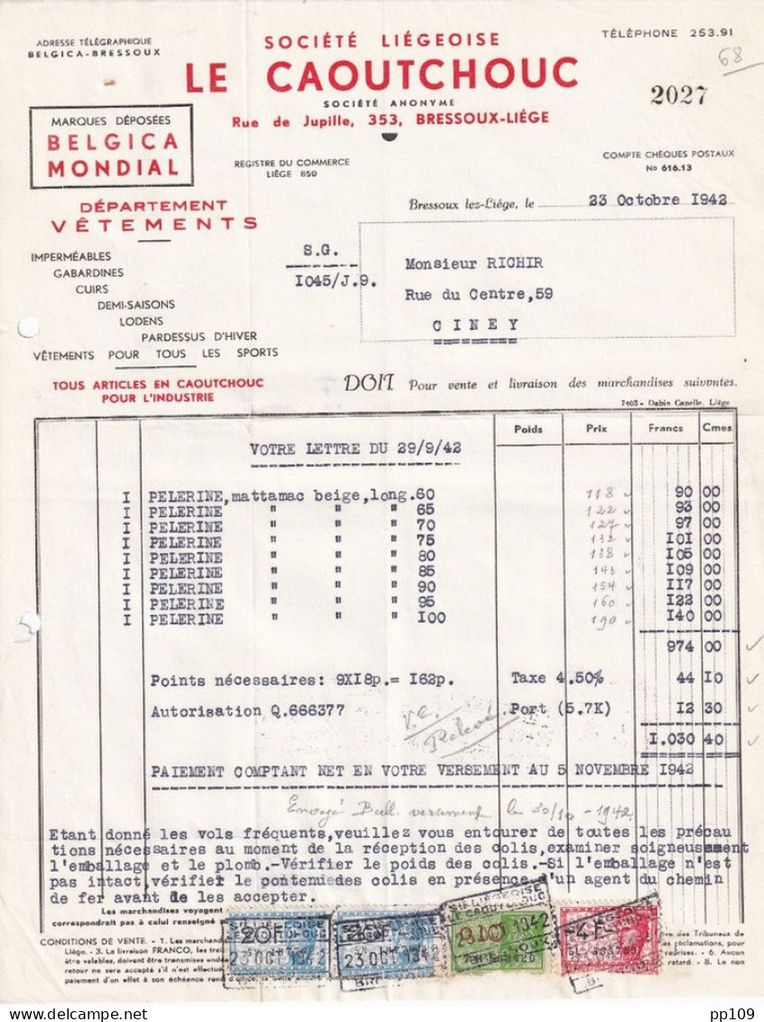 Ancienne Facture  BRESSOUX LEZ LIEGE 353, Rue De Jupille Belgica Mondial Le Caoutchouc Imperméable Gabardine Loden 1942 - Kleidung & Textil