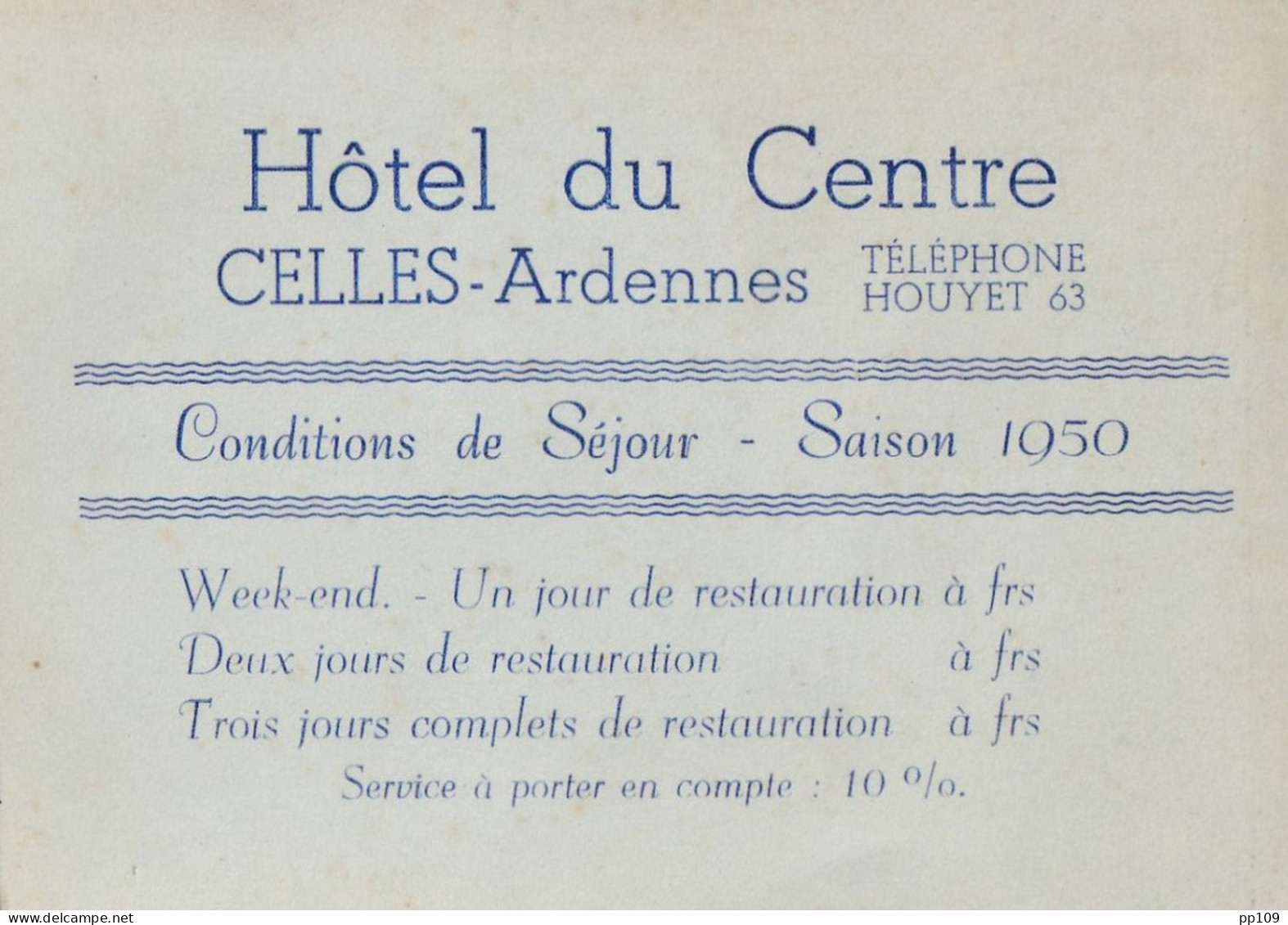 Ancienne Carte De Visite CELLES - ARDENNES Hôtel Du Centre Houyet Saison 1950 - 1950 - ...