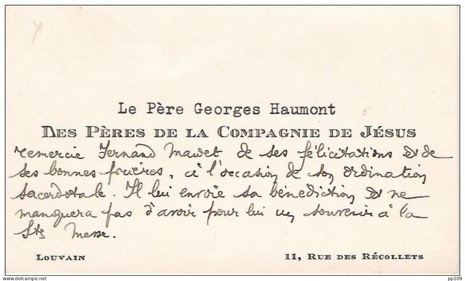 Ancienne Carte De Visite : Père George Haumont Des Pères De La Compagnie De Jésus - Rue Des Récollets,11 Te LEUVEN - Cartes De Visite