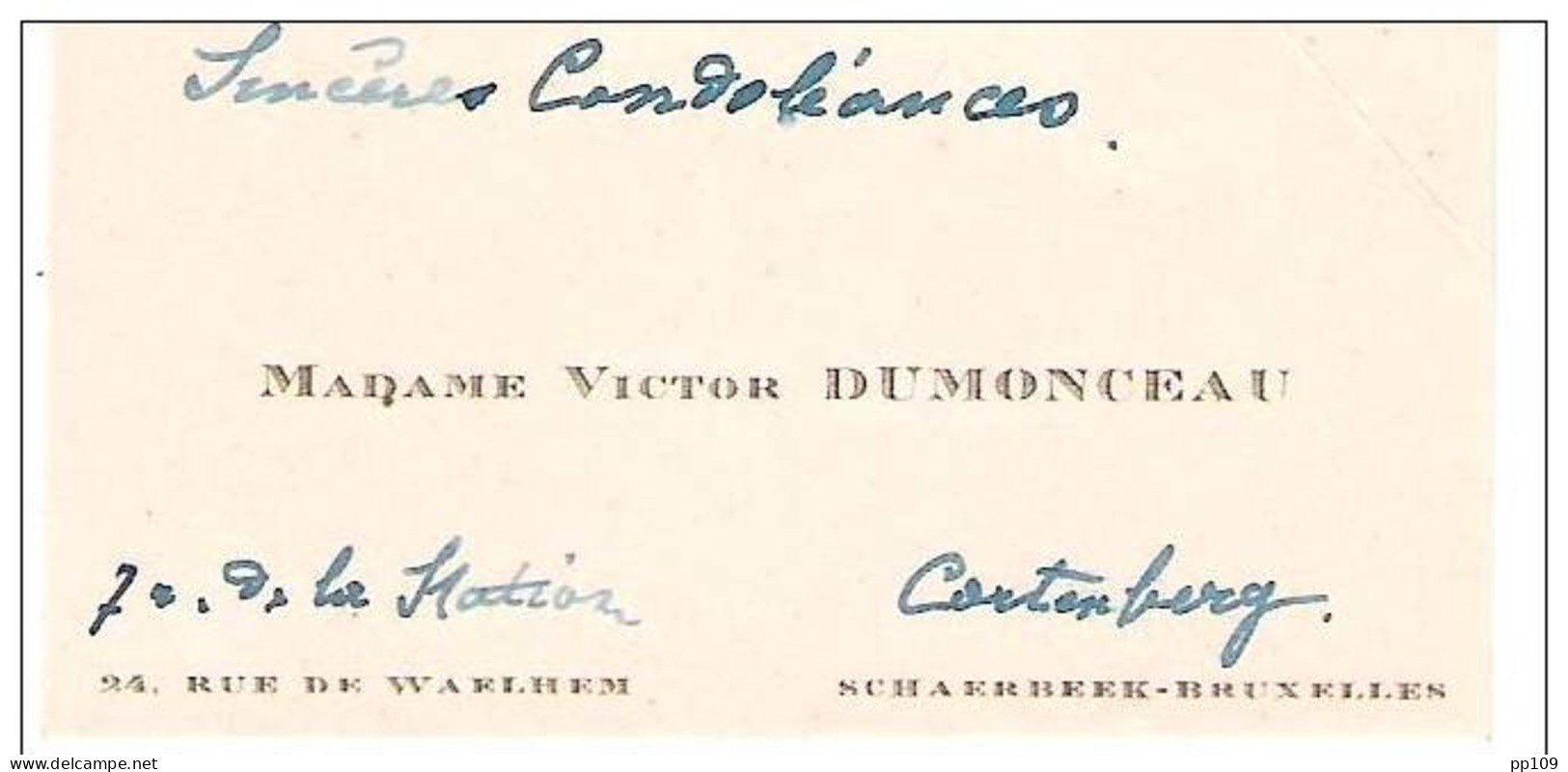 Ancienne Carte De Visite : Mme Victor Dumonceau - Rue De Waelhem à Schaerbeek (70, Rue De La Station à Cortenberg) - Cartes De Visite