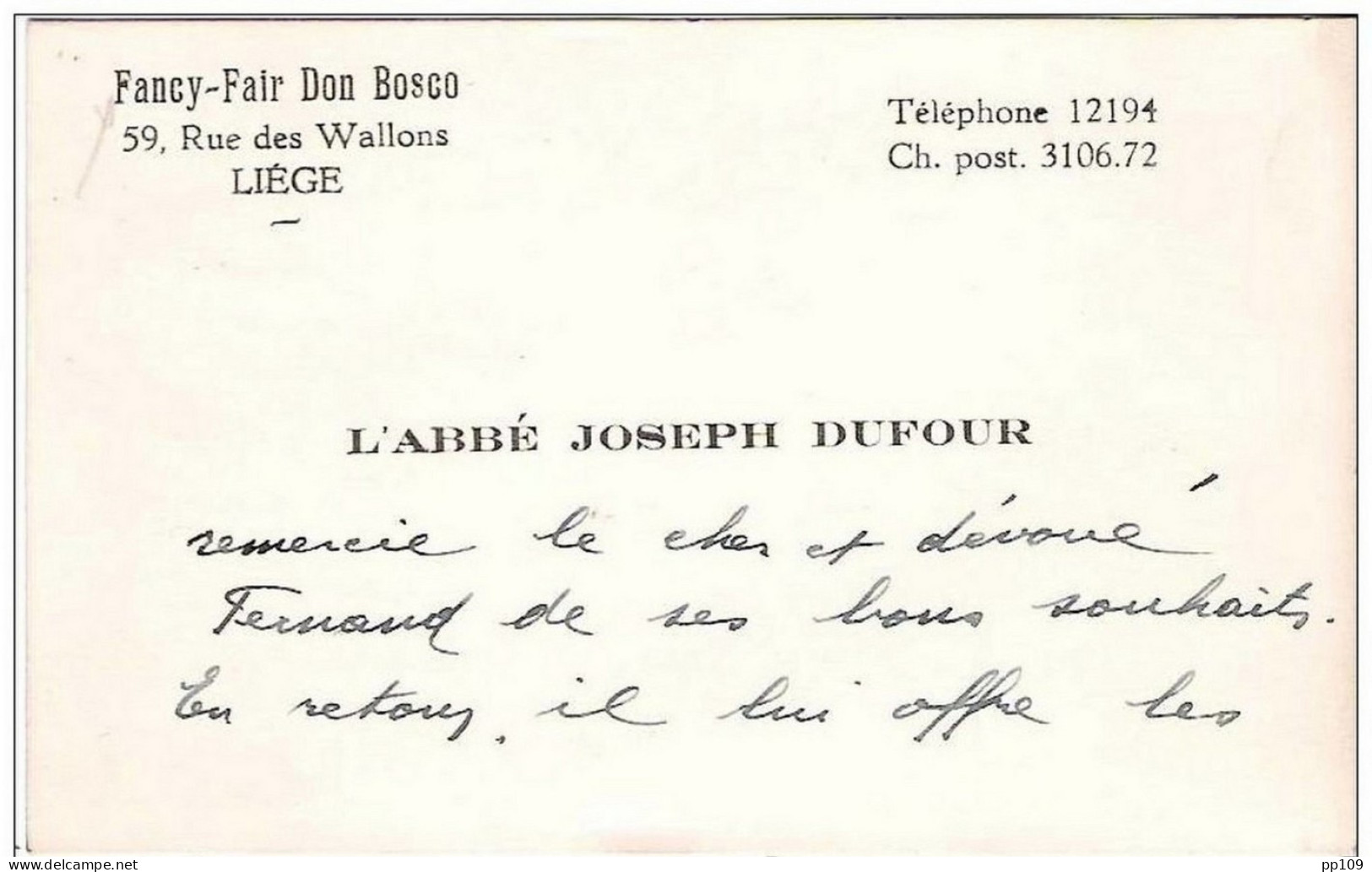 Ancienne Carte De Visite : L'Abbé Joseph Dufour - Fancy-Fair Don Bosco - 59, Rue Des Wallons à Liège - Cartes De Visite