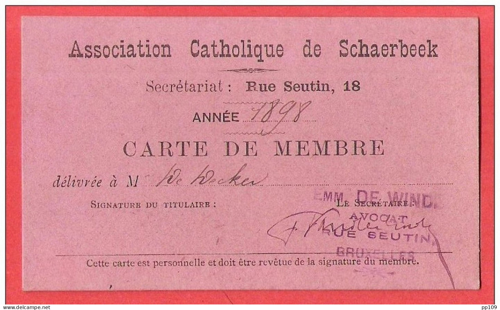 Ancienne Carte De Membre Année 1898 Association Catholique De SCHAERBEEK Rue Seutin 18 - 1800 – 1899