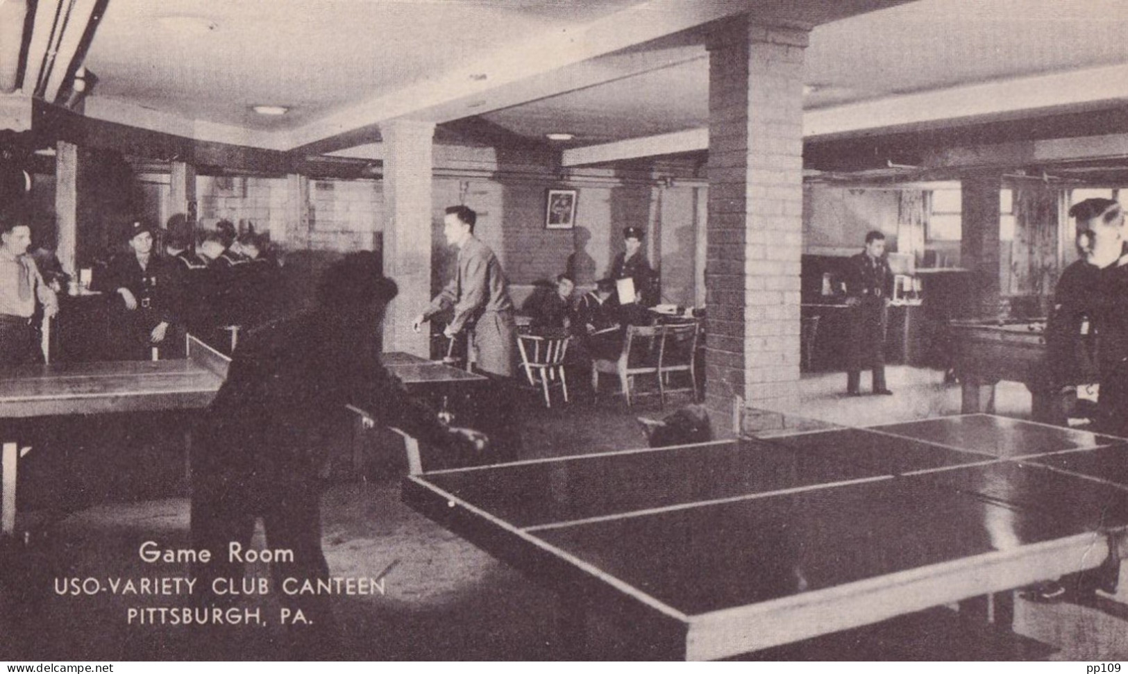 Ancienne CP PING PONG Tennis De Table Billard  Gale Room USO Variety Club Canteen PITTSBURGH 1945 ! - Table Tennis