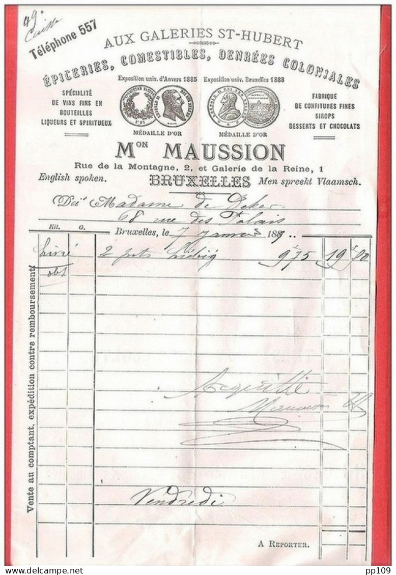 Ancienne  Petite Facture  Double Face ! Galerie St HUBERT Rue De La Montagne,2 Et Galerie De La Reine,1. En 1889 Pub Thé - Lebensmittel