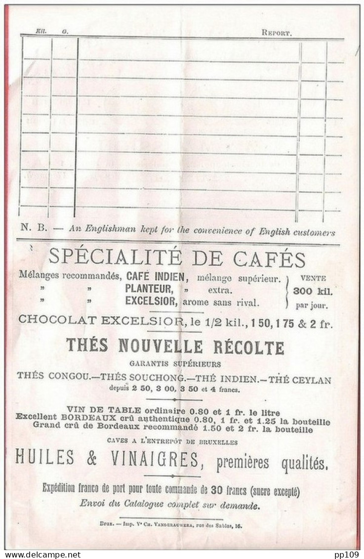 Ancienne  Petite Facture  Double Face ! Galerie St HUBERT Rue De La Montagne,2 Et Galerie De La Reine,1. En 1889 Pub Thé - Food