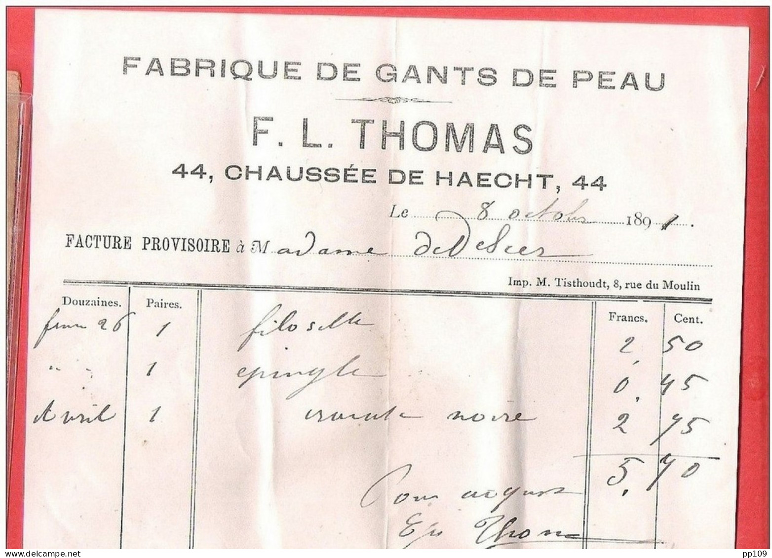 Ancienne  Petite Facture  SCHAERBEEK 44, Chaussée De Haecht Fabrique De Gants De Peau F.L.THOMAS En 1891 - Old Professions