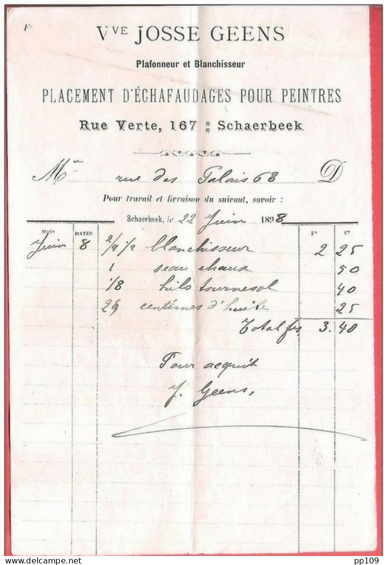 Ancienne  Facture échafaudage  Plafonneur Blanchisseur  JOSSE GEENS Rue Verte 167 à SCHAERBEEK 22 VI 1898 - 1800 – 1899