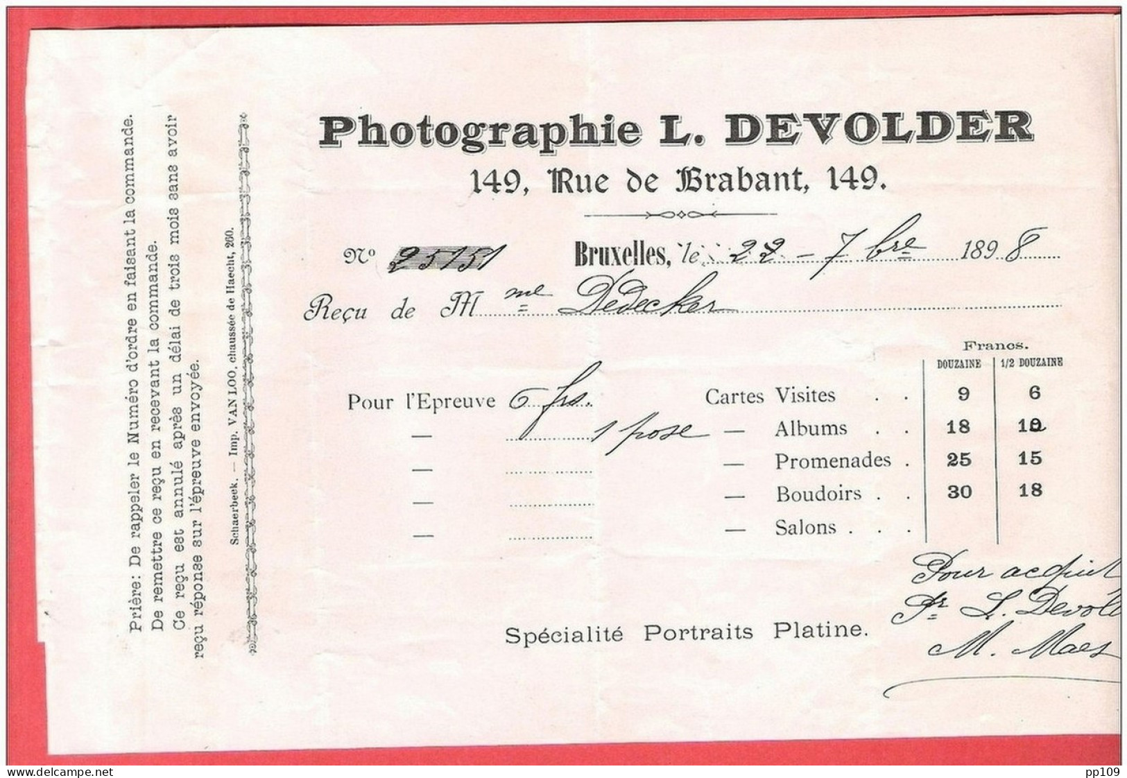Ancienne  Facture  Reçu PHOTOGRAPHIE DEVOLDER149 Rue Du Brabant à SCHAERBEEK Bruxelles - 1800 – 1899