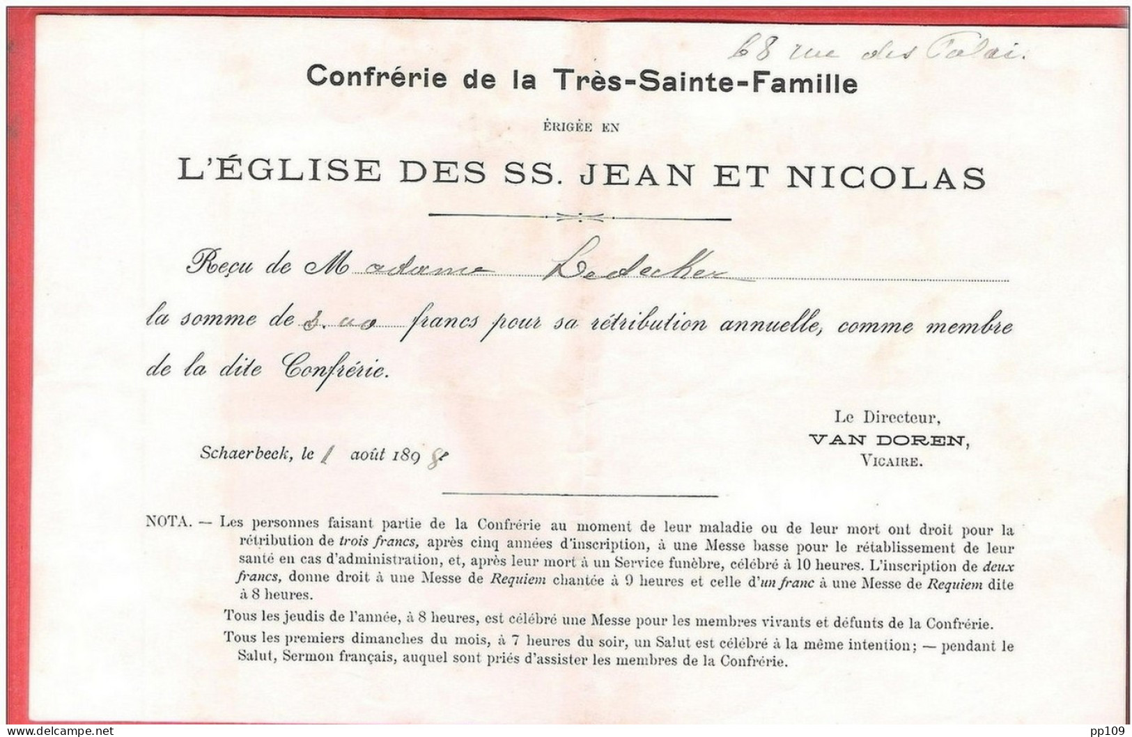 Ancien Reçu 3F 1898  Paroisse De SS JEAN Et NICOLAS  à SCHAERBEEK Confrèrie De La Très Sainte Famille - 1800 – 1899