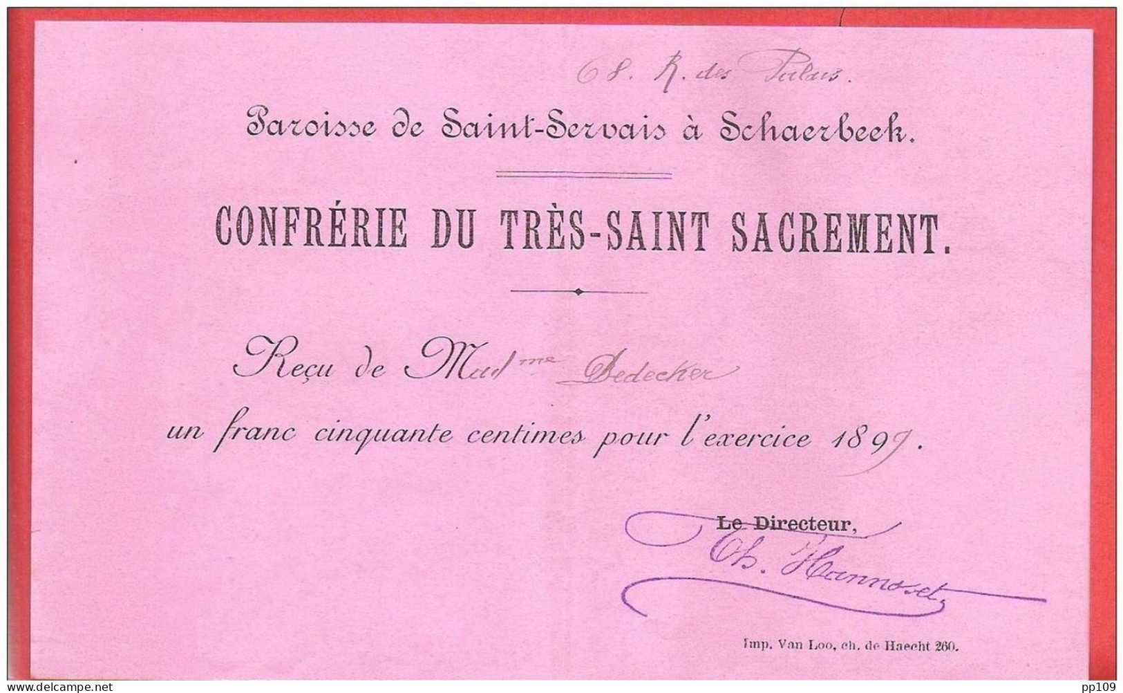 Ancien Reçu 1,50 F 1899 Paroisse De SAINT SERVAIS à SCHAERBEEK COnfrèrie Du Très Saint Sacrement - 1800 – 1899