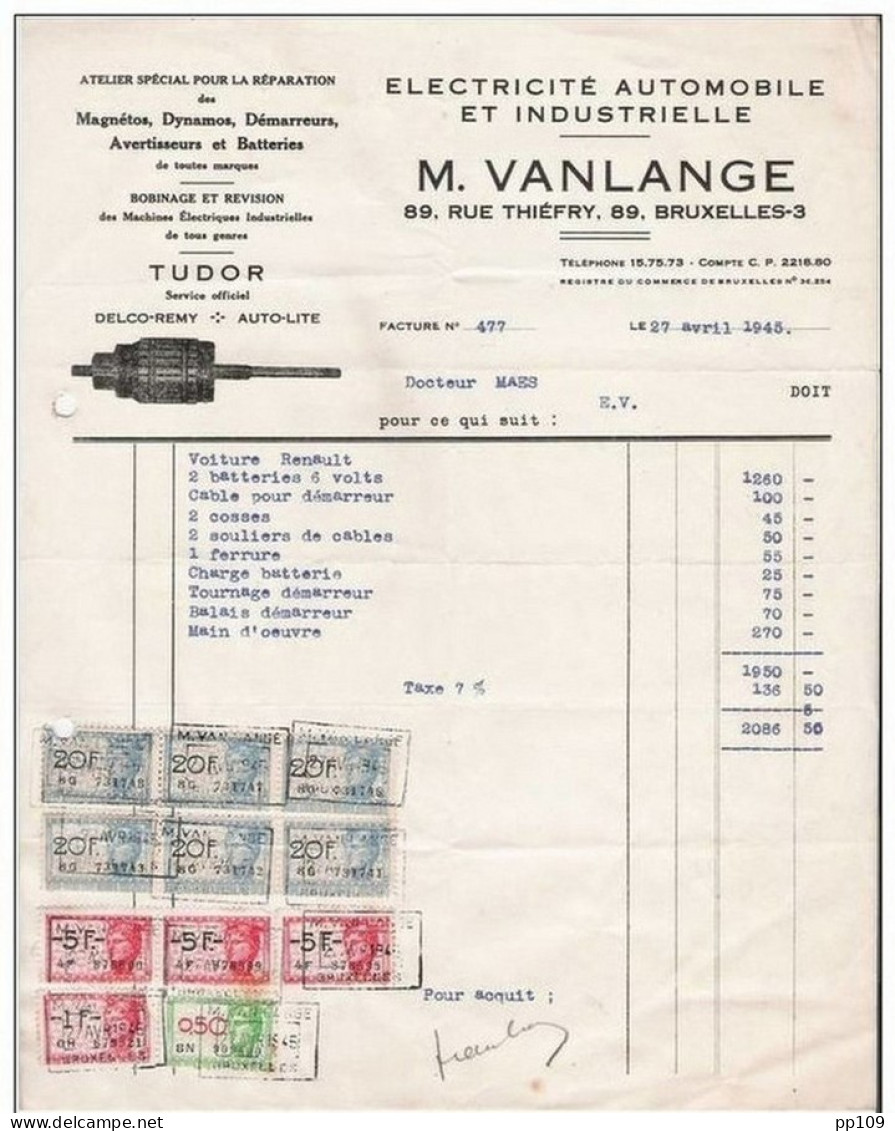 Anc Ienne Facture Oude Factuur  VANLANGE 89 Rue Thiéfry à SCHAERBEEK Automobile électricité Dynamo Démarreur Batterie - Automobilismo