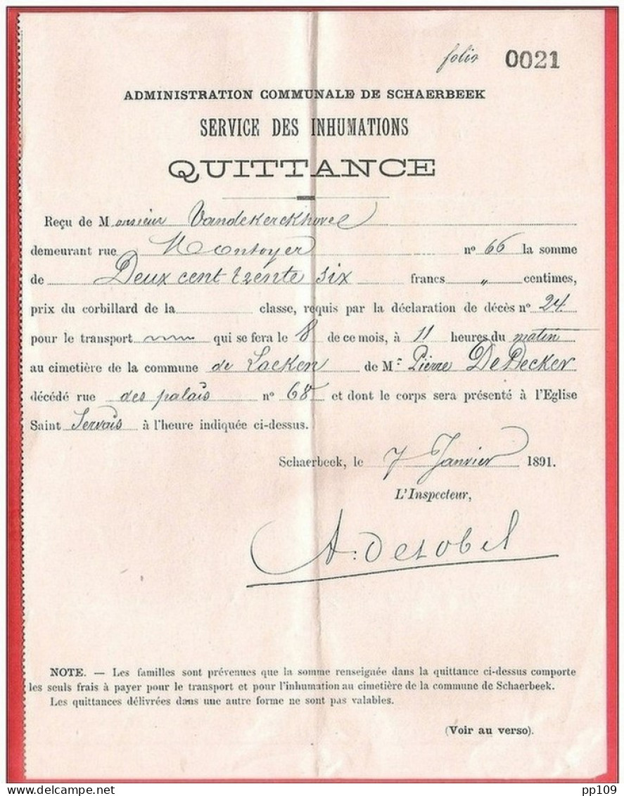 Administration Communale De SCHAERBEEK Quittance Service Inhumations 7 Janvier 1891 - Documents