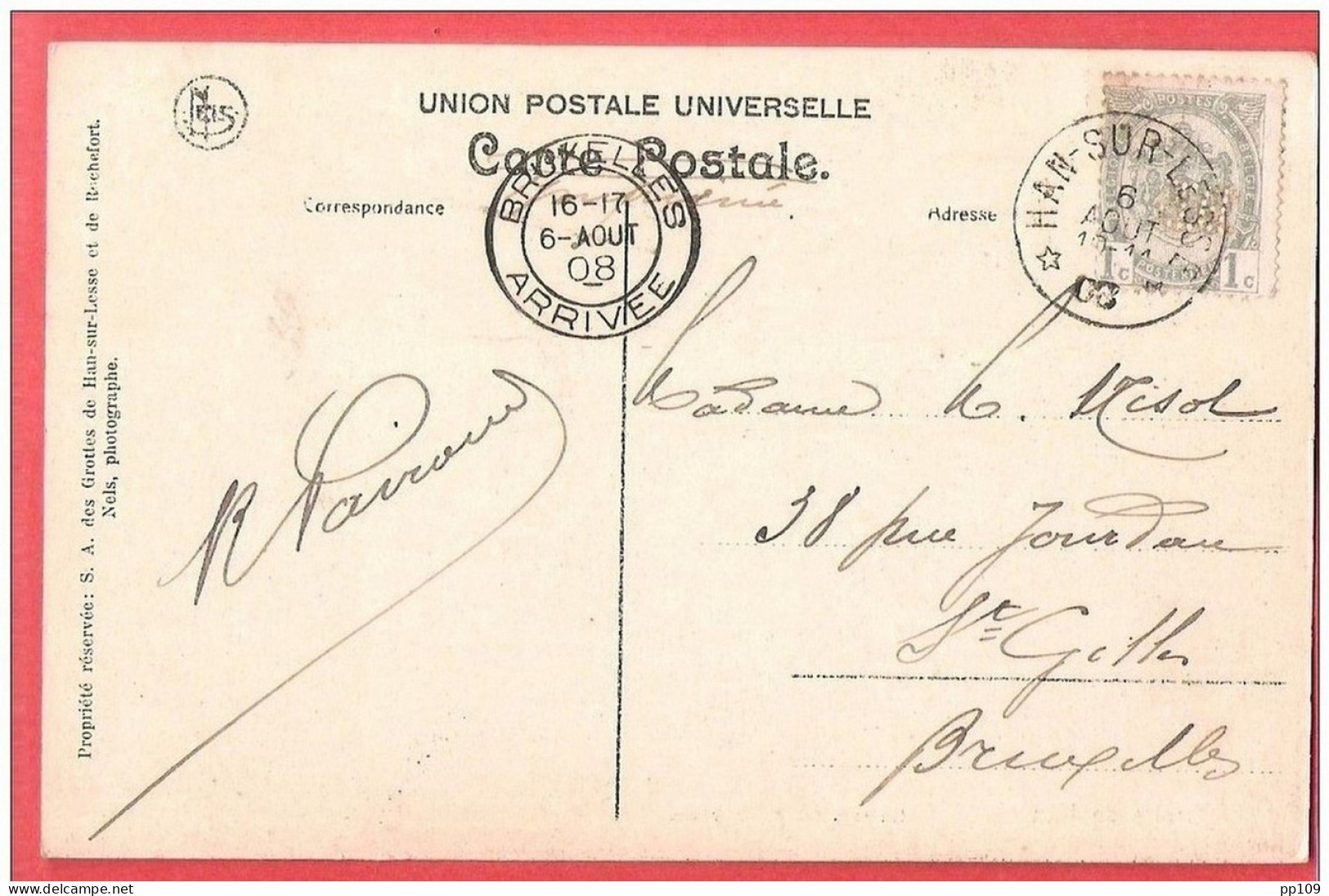 TP Perforé Obl étoiles HAN SUR LESSE 6 VIII 1908 Vers ST Gilles - Combinaison Pas Courante - 1863-09