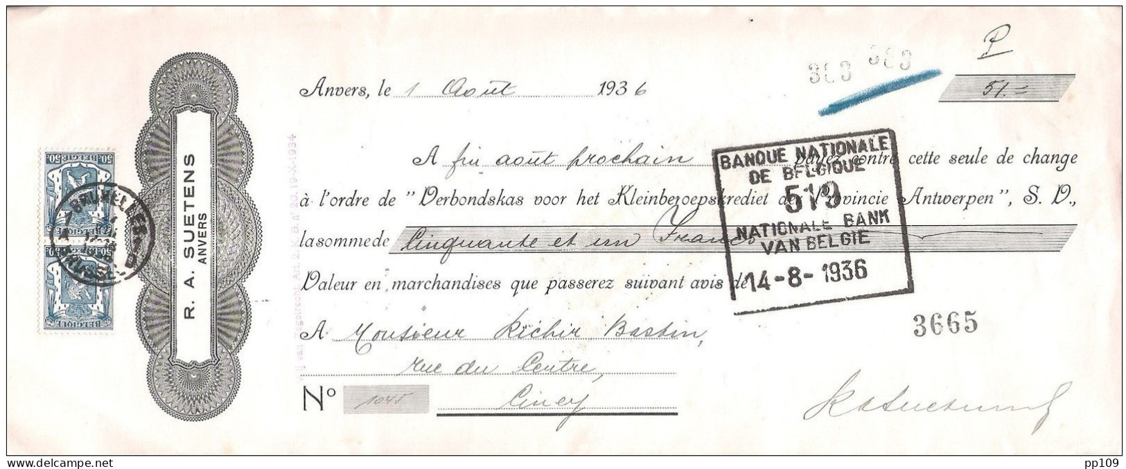 TP Lion écusson Mandat (reçu) Pub   SUETENS ANVERS ANTWERPEN 1936 - Documents