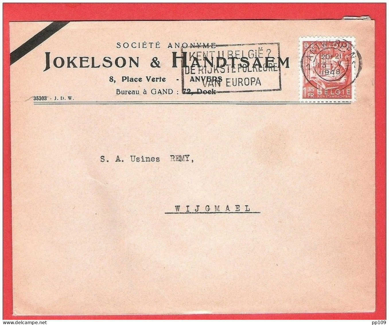 TP Exportation Sur L Deuil - Publicitaire  JOKELSON &amp; HANDTSAEM 8 Place Verte ANTWERPEN En 1948 - 1948 Export