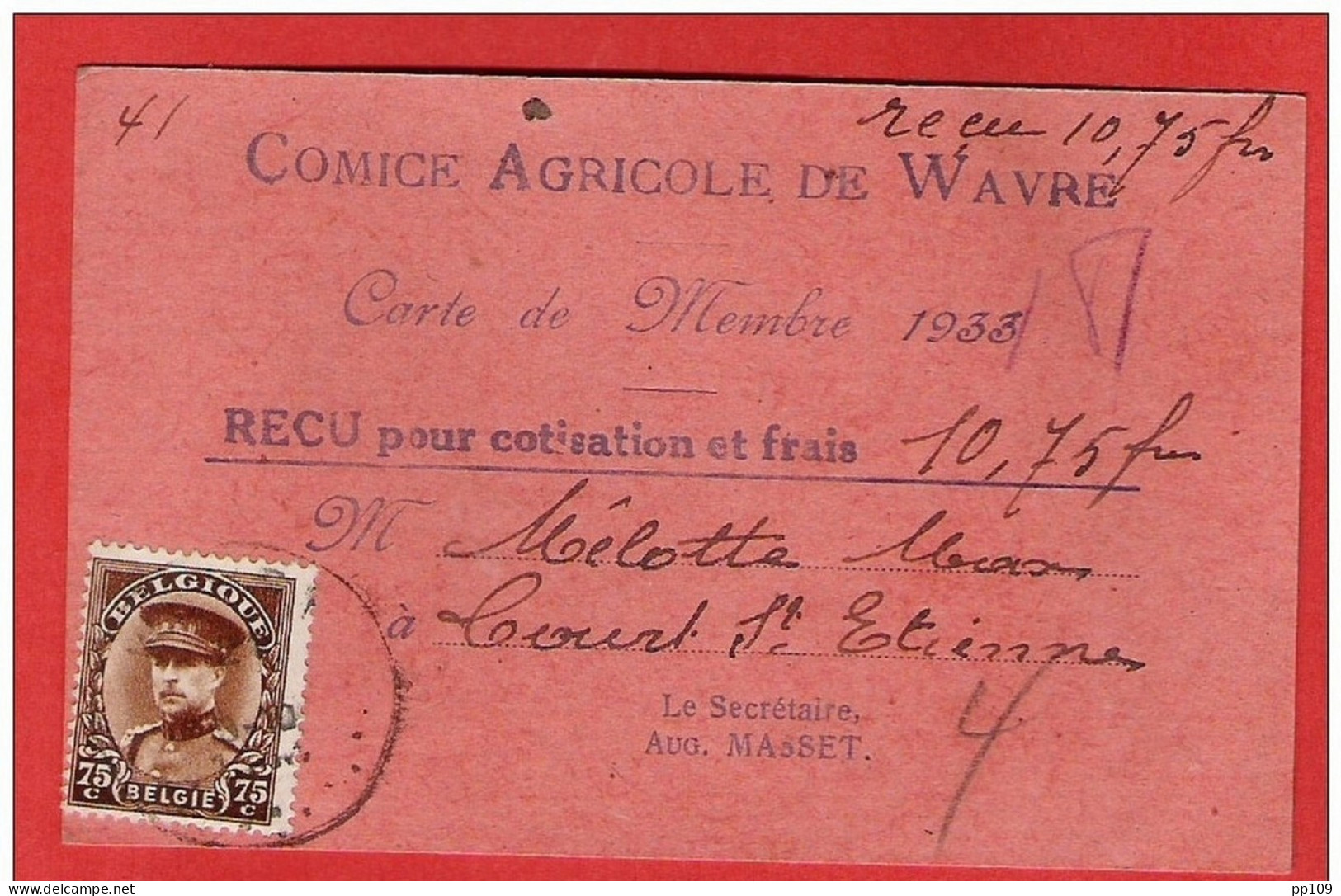 TP Képî Obl WAVRE 1933 Sur Reçu Pour Cotisation COMICE AGRICOLE De Wavre - 1931-1934 Kepi