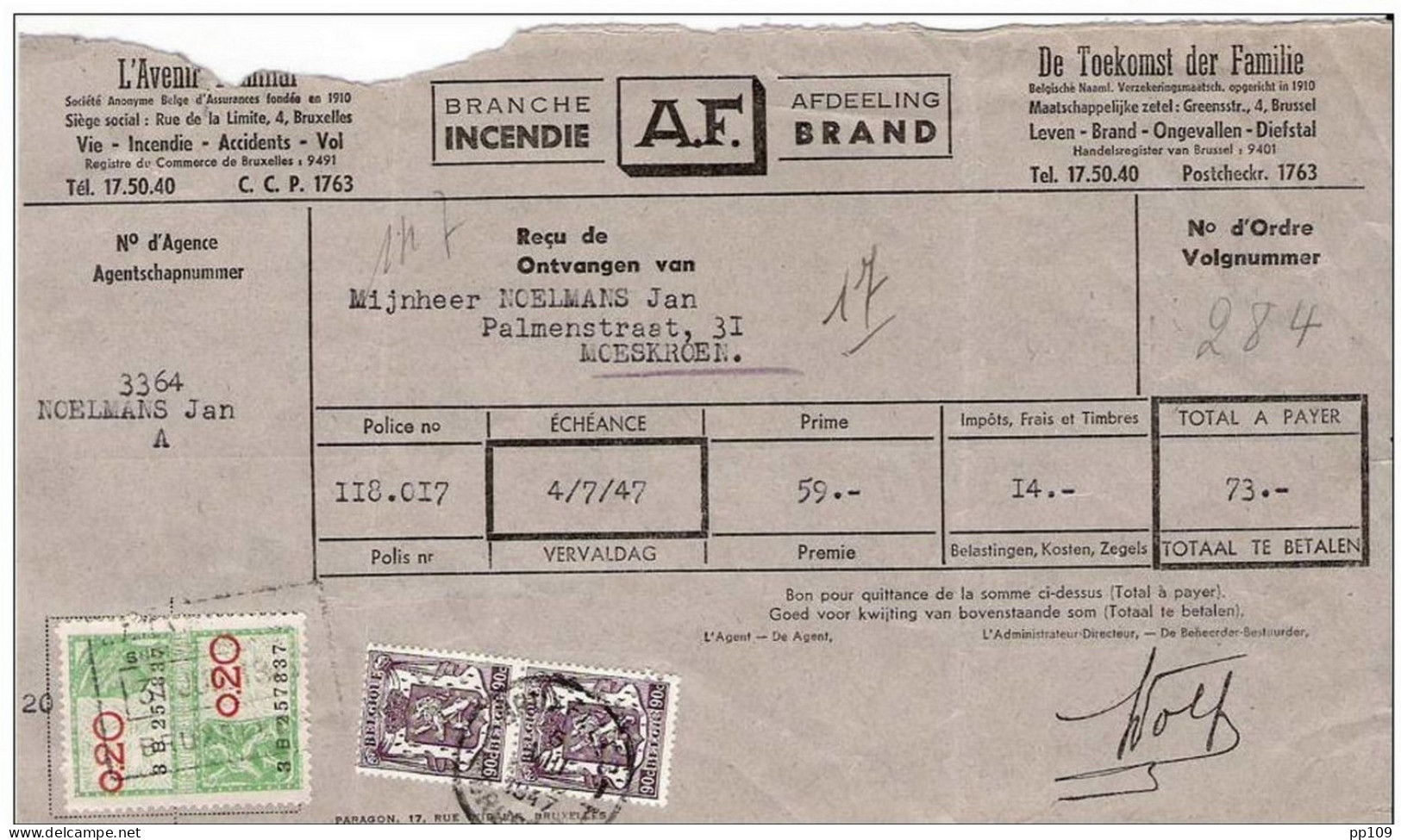 TP 714 (paire)  Perforé / Perforatie AF "Avenir Familial" Sur Reçu Avec Timbre Fiscal  Obl 5 VIII 48 - 1934-51