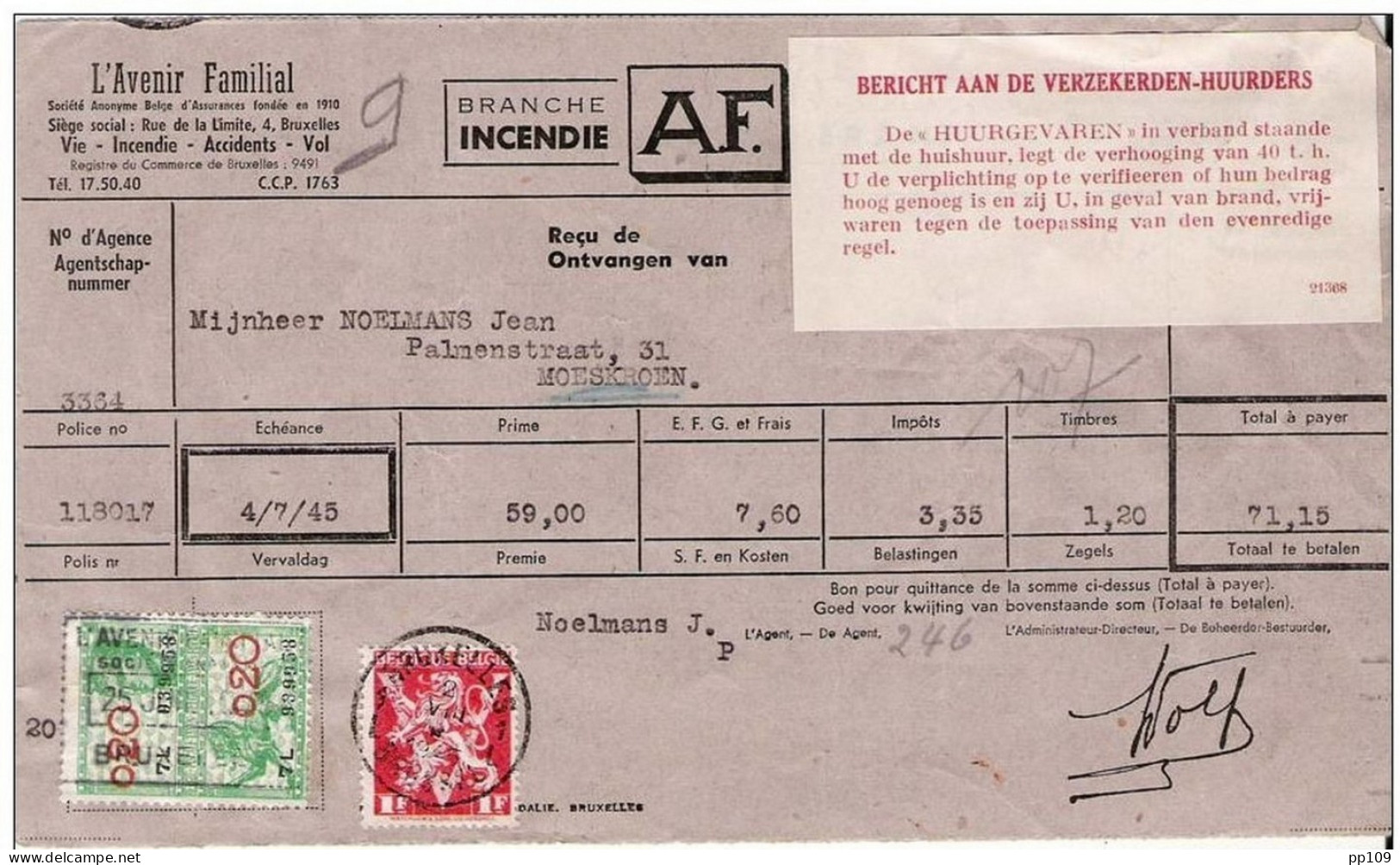 TP 680 Perforé / Perforatie AF "Avenir Familial" Sur Reçu Complet Avec Timbre Fiscal  Obl 2 VIII 45 Avec étoile - 1934-51