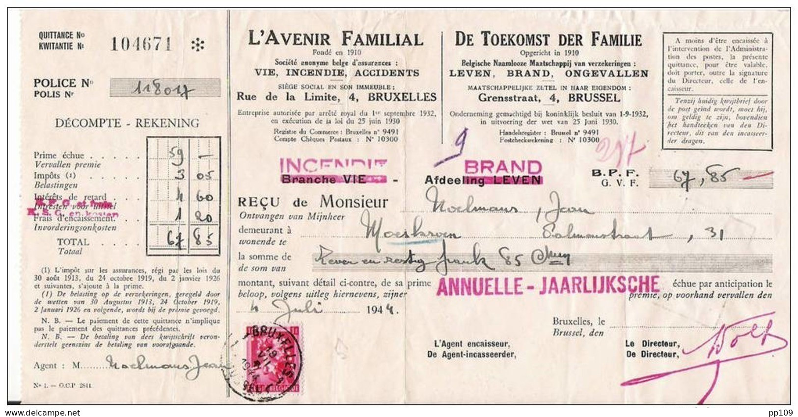 TP 528  Perforé AF Avenir Familial  Juillet 1944 Sur Reçu + Fiscal Perforé Au Dos - 1934-51