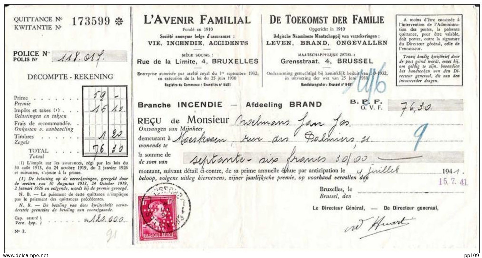 TP 428 Perforé AF Avenir Familial  Juillet 1941 Sur Reçu + Fiscal Perforé Au Dos - 1934-51