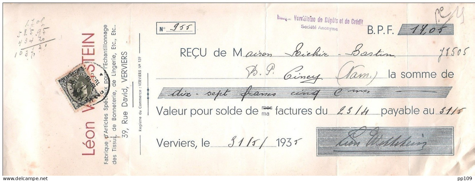 TP 401 Léopold III Sur Mandat (ou Reçu)  Pub  LEON WITTSTEIN  Bonneterie Lingerie Tissu 39, Rue David VERVIERS 1935 - Documents