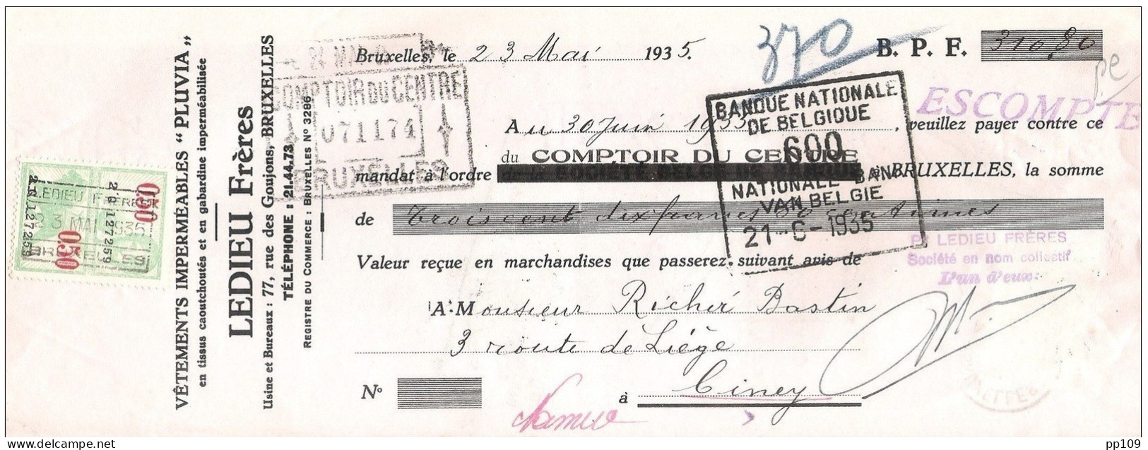 TP 389  Expo Bruxelles Mandat (ou Reçu) Pub LEDIEU Frères 77, Rue Des Goujons à  ANDERLECHT Bruxelles 1935  + Fiscal - Documentos